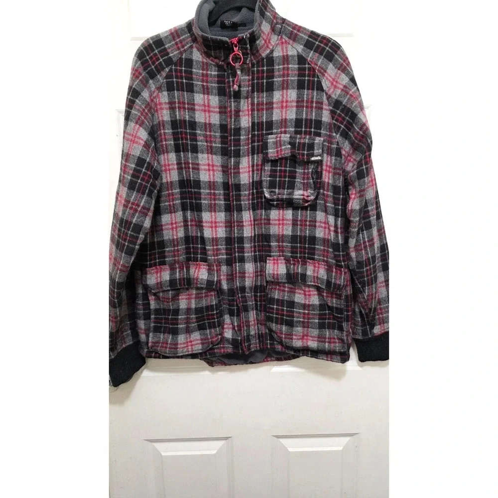 Kavu Men's Plaid Skater Utility Jacket Fleece Lining Black/Gray/Red Size Medium